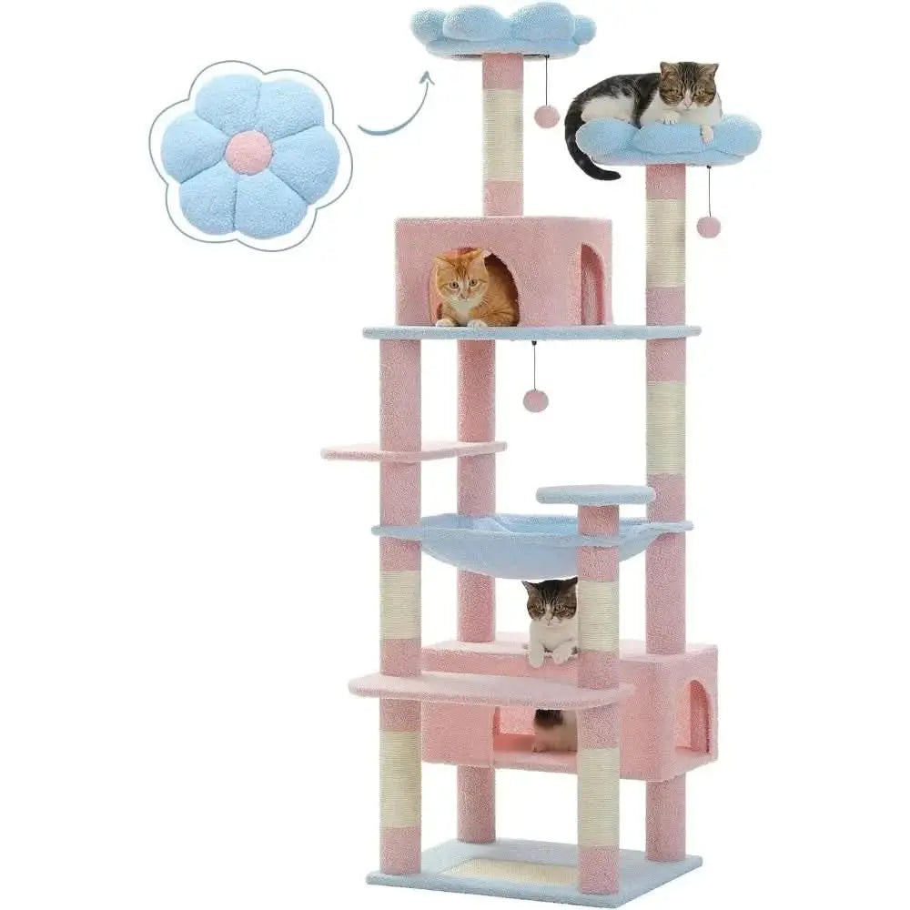 Flower Cat Tree 72" Large Cat Tower with Steel Hammock & Condos, Blue