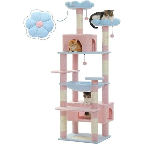 Flower Cat Tree 72" Large Cat Tower with Steel Hammock & Condos, Blue