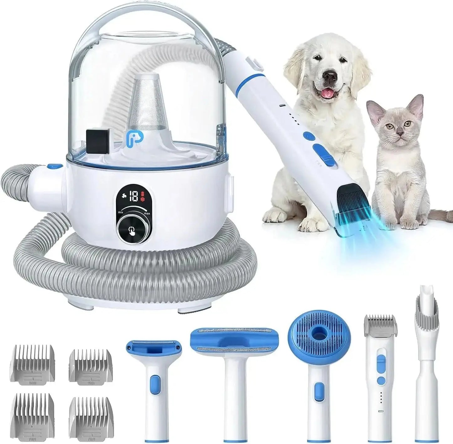 5-in-1 Pet Grooming Vacuum Kit for Dogs & Cats, Low Noise Hair Remover with 2.0L Dust Cup, White