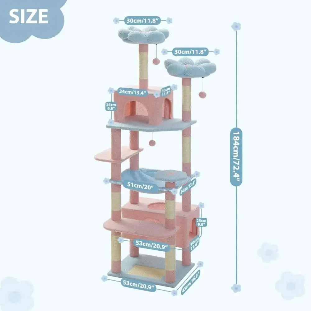 Flower Cat Tree 72" Large Cat Tower with Steel Hammock & Condos, Blue