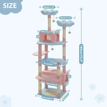 Flower Cat Tree 72" Large Cat Tower with Steel Hammock & Condos, Blue